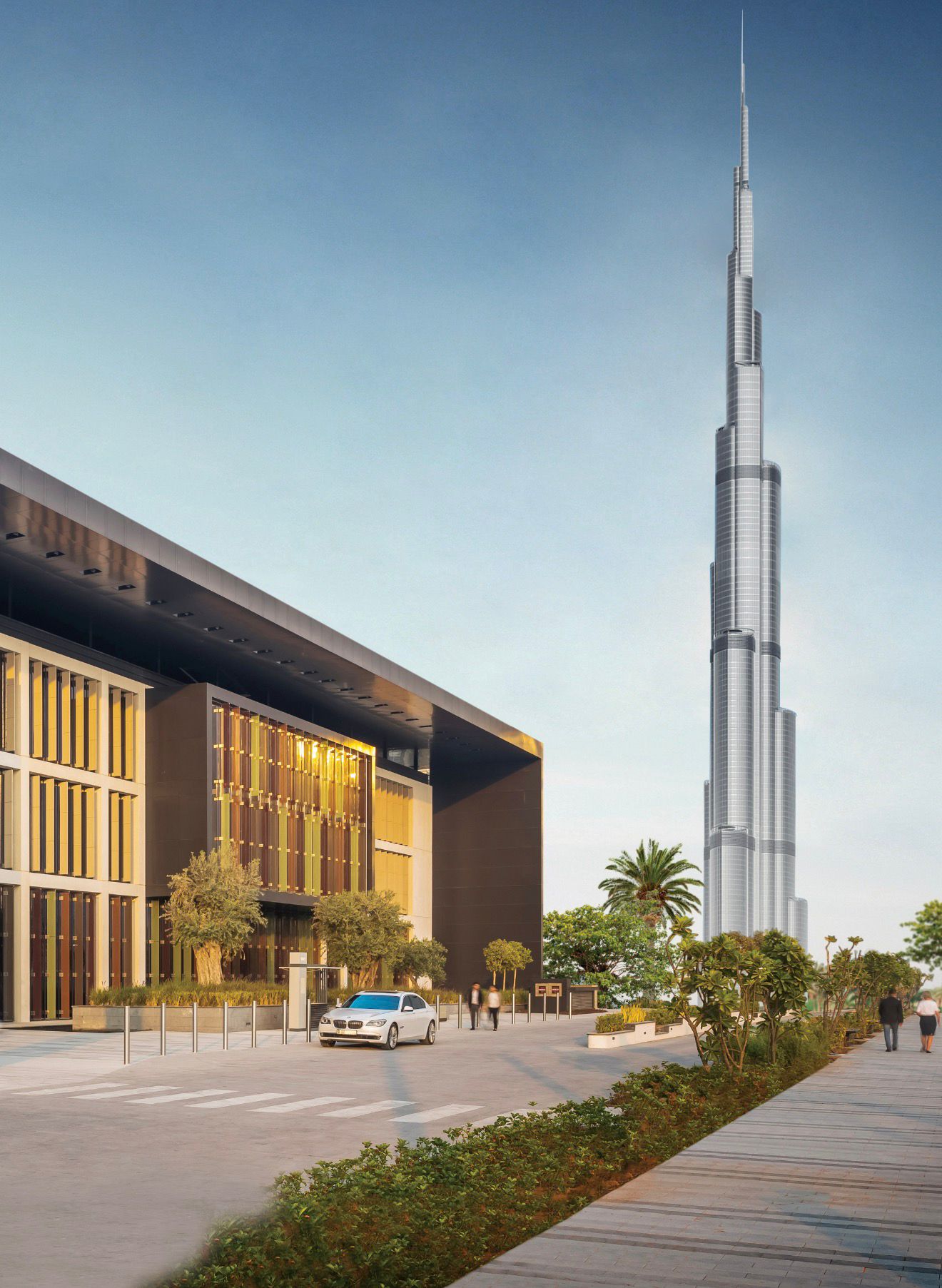 Dubai clinic architecture with Burj Khalifa beyond