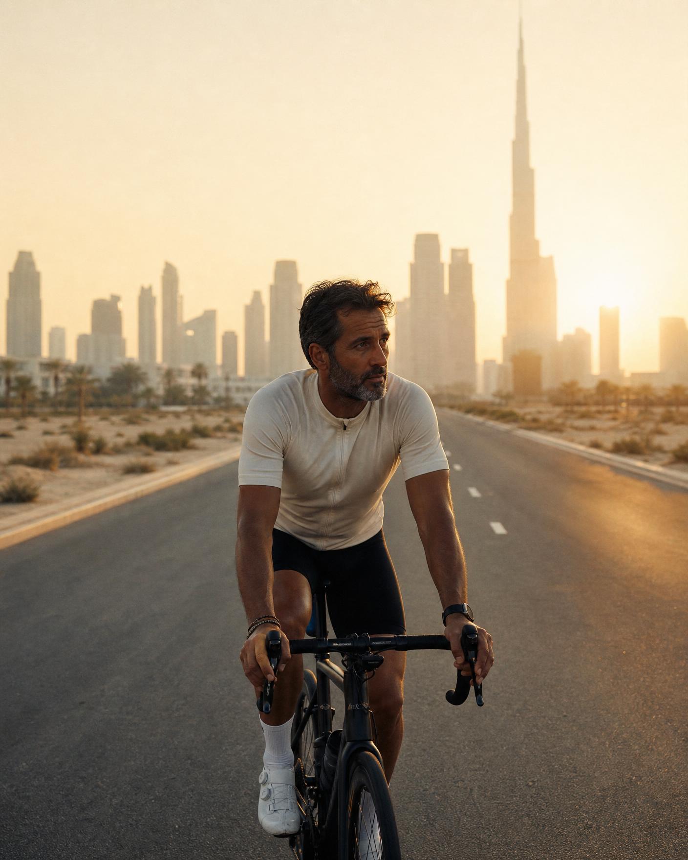 A man cycling at sunrise with the Dubai skyline behind him