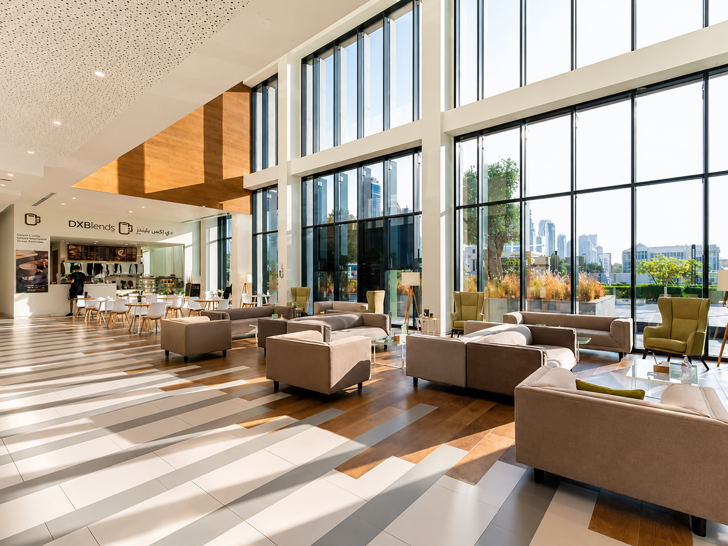 Sunlit member lounge with floor-to-ceiling windows over Dubai skyline