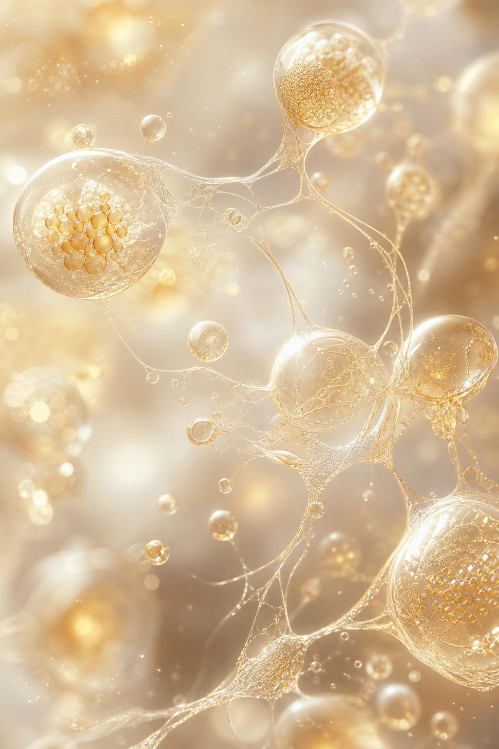 Ethereal microscopic view of blood biomarkers in warm gold light
