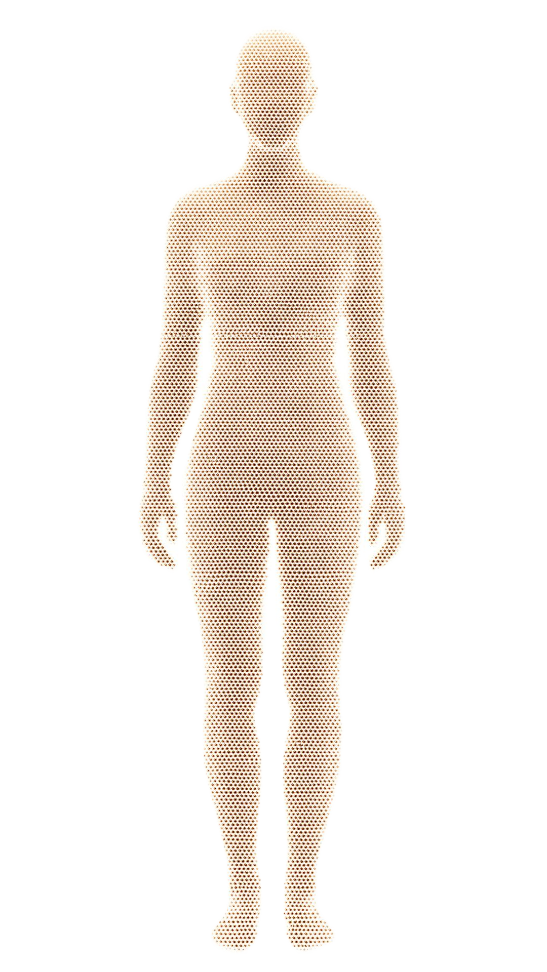 A standing human twin made of gold halftone dots