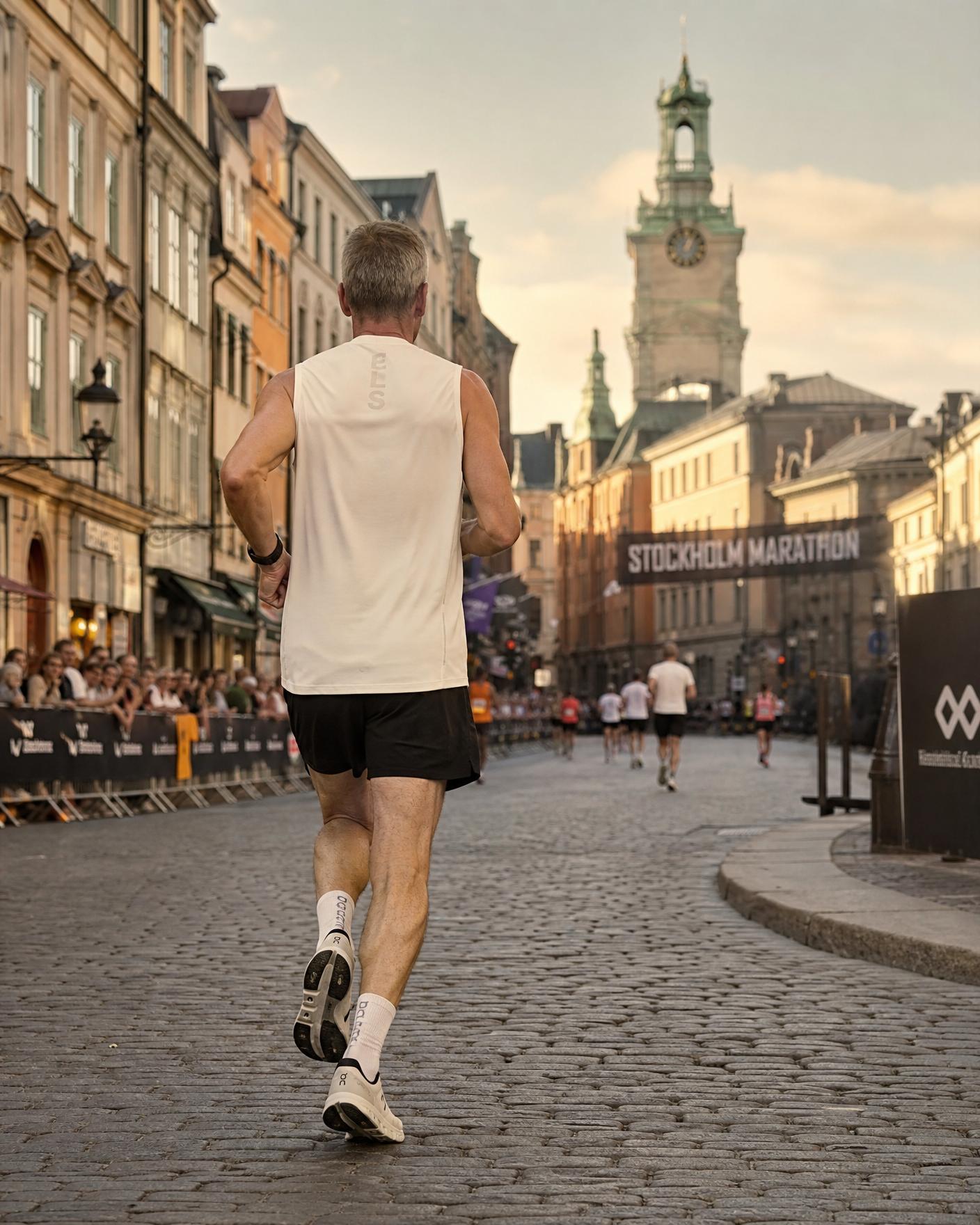 A man running the Stockholm Marathon on historic cobblestones