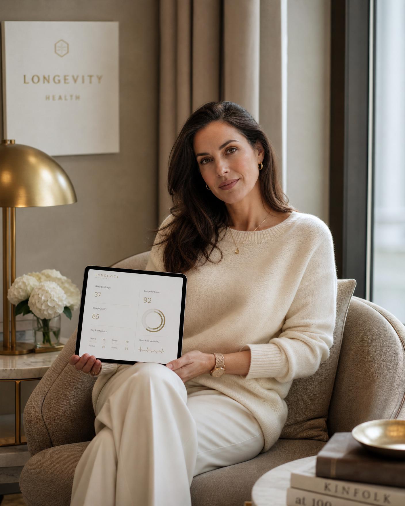 A woman reviewing her health data on a tablet in a calm Nordic lounge